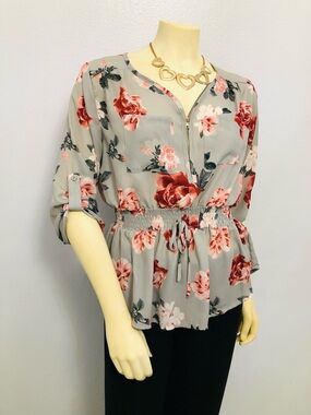 J for Justify Sage Floral Zip-Peplum Tunic with Rose Accents